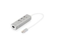 DIGITUS Concentrador USB-C - 3 Puertos - USB 2.0 - con Adaptador LAN Fast Ethernet - 3X Puertos USB-A 480 Mbit/s - 1x Puerto RJ45 100 Mbit/s - Plug & Play - Plata