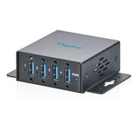DIGITUS Concentrador USB-C Industrial - 4 Puertos - USB 3.2 Gen1 - 5 Gbit/s | 4 puertos USB-A - IP30 - Entrada de corriente de CC o bloque de terminales - Protección contra ESD - Kit de montaje en pared