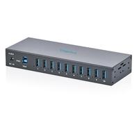 DIGITUS Concentrador USB Industrial - 10 Puertos - USB 3.2 Gen1 - 5 Gbit/s | 10 puertos USB-A - IP30 - Entrada de corriente de CC o bloque de terminales - Protección contra ESD - Montaje en carril DIN