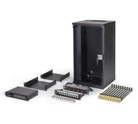 DIGITUS Conjunto de Red de 10 pulg - Armario de Red 12U - 2 bandejas - Regleta - Switch 16 Puertos - Patchpanel 12 Puertos - 12 módulos Keystone - 20 Cables de parcheo - Sin Montar - Soho Pro - Negro