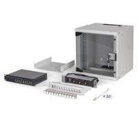 DIGITUS Conjunto de Red de 10 pulg - Armario de Red 6U - Bandeja - Regleta - Switch de 8 Puertos - Patchpanel 12 Puertos - 12 módulos Keystone - 10 Cables de parcheo - Sin Montar - Soho Pro - Gris