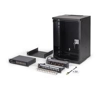 DIGITUS Conjunto de Red de 10 pulg - Armario de Red 9U - Bandeja - Regleta - Switch 16 Puertos - Patchpanel 12 Puertos - 12 módulos Keystone - 20 Cables de parcheo - Sin Montar - Soho Pro - Negro