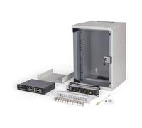DIGITUS Conjunto de Red de 10 pulg - Armario de Red 9U - Bandeja - Regleta - Switch de 16 Puertos - Patchpanel 12 Puertos - 12 módulos Keystone - 20 Cables de parcheo - Sin Montar - Soho Pro - Gris