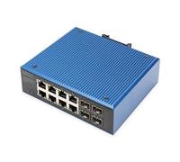 DIGITUS Conmutador de Red - 12 Puertos Gigabit Ethernet - 8X RJ45 + 4X SFP - IP40-10/100/1000 Mbit/s - Montaje en Carril DIN - Serie Industrial - Negro/Azul
