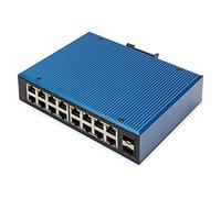 DIGITUS Conmutador de Red - 18 Puertos Gigabit Ethernet - 16x RJ45 + 2X Puertos SFP - No gestionado - 10/100/1000 Mbps - Carril DIN y Montaje en Pared - IP40 - Serie Industrial - Azul