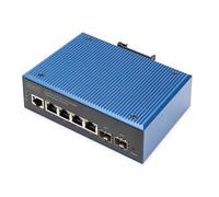 DIGITUS Conmutador de Red - Gigabit Ethernet de 6 Puertos - 4X RJ45 + 2X SFP - IP40 - L2 gestionado - 10/100/1000 Mbit/s - Montaje en Carril DIN - Serie Industrial - Negro/Azul