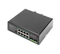 DIGITUS Conmutador de red industrial PoE Gigabit de 10 puertos - 8x RJ45 + 2x Gigabit SFP uplink - no gestionado - montaje en carril DIN - 10/100/1000 Mbit/s - negro