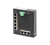 DIGITUS Conmutador de red plano - 8 puertos Gigabit Ethernet - Montaje en carril DIN - Bloque de terminales - Sin ventilador - Negro/Azul