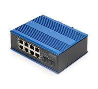 DIGITUS Conmutador de Red PoE - 10 Puertos Gigabit Ethernet - 8X RJ45 + 2X SFP - IP40-10/100/1000 Mbit/s - Montaje en Carril DIN - Serie Industrial - Negro/Azul
