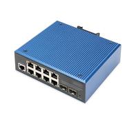 DIGITUS Conmutador de Red PoE - 10 Puertos Gigabit Ethernet - 8X RJ45 + 2X SFP - IP40 - L2 gestionado - 10/100/1000 Mbit/s - Montaje en Carril DIN - Serie Industrial - Negro/Azul