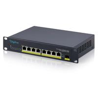 DIGITUS Conmutador de Red PoE+ - 10 pulg, 1U - 2,5 Gbit/s - 8 Puertos RJ45 | 1 enlace ascendente SFP+ de 10 Gbit/s - Presupuesto PoE de 80 W - No gestionado - Para armarios de red de 10 pulg (254 mm)