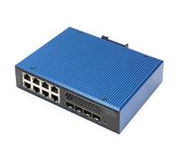 DIGITUS Conmutador de Red PoE - 12 Puertos Gigabit Ethernet - 8X RJ45 + 4X SFP+ 10 Gigabit - IP40 - L3 gestionado, VLAN - 10/100/1000 Mbit/s - Montaje en Carril DIN - Serie Industrial - Negro/Azul