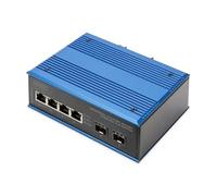 DIGITUS Conmutador de Red PoE - 6 Puertos Gigabit Ethernet - 4X RJ45 + 2X SFP - IP40-10/100/1000 Mbit/s - Montaje en Carril DIN - Serie Industrial - Negro/Azul