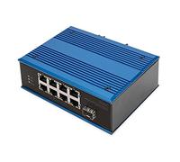 DIGITUS Conmutador de Red PoE - 9 Puertos Fast Ethernet - 8X RJ45 + 1x Puerto SFP - No gestionado - 10/100 Mbps - Carril DIN y Montaje en Pared - IP40 - Serie Industrial - Azul