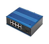 DIGITUS Conmutador de Red PoE - 9 Puertos Gigabit Ethernet - 8X RJ45 + 1x Puerto SFP - No gestionado - 10/100/1000 Mbps - Carril DIN y Montaje en Pared - IP40 - Serie Industrial - Azul