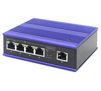 DIGITUS Conmutador de Red PoE - Fast Ethernet de 5 Puertos - Montaje en Carril DIN - Bloque de terminales - Sin Ventilador - Negro/Azul