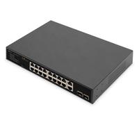DIGITUS Conmutador de Red PoE Gigabit Ethernet de 20 Puertos - 16x RJ45 PoE + 2X RJ45 + 2X Combi - 19 Pulgadas - 185W PoE Presupuesto - 10/100/1000 Mbps