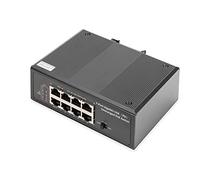 DIGITUS Conmutador industrial PoE Gigabit de 7 puertos - 1x puerto de alimentación - 8x RJ45-10/100/1000 Mbit/s - Montaje en carril DIN - Negro
