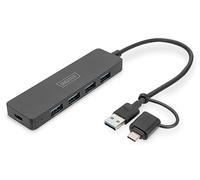 DIGITUS DA-70235 - Concentrador USB - Concentrador de 4 Puertos USB 3.2 Gen 1 Tipo A y C - 5 Gbit/s - Compacto y portátil - Plug-and-Play - para PC, portátil y Mac - Negro