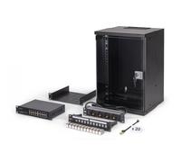 DIGITUS Juego de Red de 10 pulg - Armario de Red 9U - Estante - regleta - conmutador 16 Puertos - Panel de Conexiones 12 Puertos - 12 módulos Keystone - 20 Cables de conexión - Soho Pro - Negro
