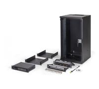DIGITUS Juego de Red de 10 pulg - Armario de Red 9U - Estante - regleta - conmutador 16 Puertos - Panel de Conexiones 12 Puertos - 12 módulos Keystone - 20 Cables de conexión - Soho Pro - Negro
