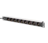 Regleta de alimentación PDU Rack 19" con fusible de sobrecarga, 9 tomas Schuko CEE 7/3 (45°), cable de 2m, enchufe IEC C14, 10A, aluminio