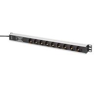 PDU Rack Power Strip (620mm) with surge protection + EMI/RFI filter, 9 Schuko CEE 7/3 (45°) sockets, 2m cable, Unischuko CEE 7/7 plug, 16A, aluminum