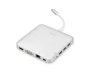 DIGITUS Estación de acoplamiento multipuerto - USB-C Dock 11 puertos - HDMI mDP VGA, RJ45, 3x USB 3.0 - puerto de carga, lector de tarjetas - plateado