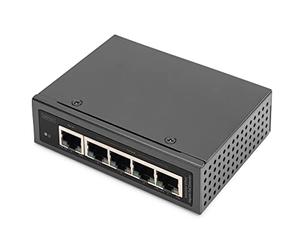 DIGITUS Extensor PoE Gigabit Industrial de 5 Puertos - 1 Puerto RJ45 de Entrada 802.3bt - 4 Salidas RJ45 PoE 802.3af/at - conectable en Cascada - 10/100/1000 Mbit/s - Negro