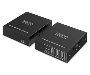 DIGITUS Extensor USB 3.2 Gen1 por Ethernet - Concentrador USB de 4 Puertos - 3X Tipo A, 1x Tipo C - Alcance de 100 m con Cable de Red Cat 6 - 5 Gbps - Negro