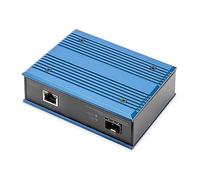 DIGITUS Industrial Gigabit PoE Media Converter - 1 Puerto RJ45, 1 Puerto SFP - 10/100/1000 Mbps - 30W PoE Power Budget - Montaje en Carril DIN - Clase de protección IP40 - Negro,Azul