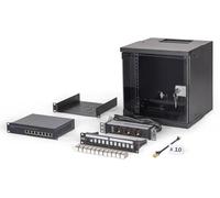 DIGITUS Juego de Red de 10 pulg - Armario de Red 6U - Estante - regleta - conmutador 8 Puertos - Panel de Conexiones 12 Puertos - 12 módulos Keystone - 10 Cables de conexión - Soho Pro - Negro