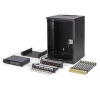 DIGITUS Juego de Red de 10 pulg - Armario de Red 9U - Estante - regleta - conmutador 16 Puertos - Panel de Conexiones 12 Puertos - 12 módulos Keystone - 20 Cables de conexión - Soho Pro - Negro