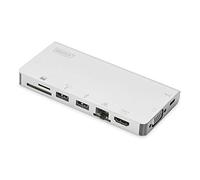 DIGITUS Multiport Docking Station - USB-C Dock 8 puertos - HDMI VGA, RJ45, 2x USB 3.0, puerto de carga, lector de tarjetas - plateado