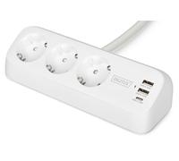 DIGITUS Regleta con USB - 2X USB-A, 1x Tipo C - 3X Enchufe con Contacto de protección - IP20 - Protección contra Cortocircuitos y sobretensiones - Fijación con Abrazadera para mesas - Blanco