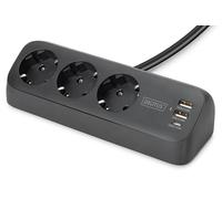 DIGITUS Regleta con USB - 2X USB-A, 1x Tipo C - 3X Toma de Corriente con Contacto de protección - Protección contra Cortocircuitos y sobretensiones - Fijación con Abrazadera para mesas - Negro