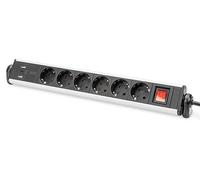 DIGITUS Regleta de Enchufes para Oficina, 6x Tomas con Contacto de Puesta a Tierra, 2x USB-A, 1x USB-C, Interruptor de Seguridad, 3680W, Soporte de Sobremesa, Cable de 1.5 m, Negro/Plateado