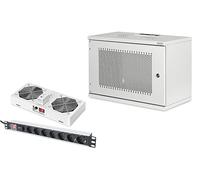 DIGITUS Set: Armario de Red 19" 7U + Ventilador de Techo + regleta de 7 Puertos // Rack 19" - Sin Montar - Montaje Mural - Capacidad de Carga 60 kg - Profundidad útil 170-270 mm - Puerta de acero