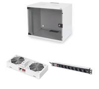 DIGITUS Set: Armario de Red 19" 7U + Ventilador de Techo + regleta de enchufes // Rack 19" - Sin Montar - Montaje Mural - Profundidad 400 mm - Capacidad de Carga 60 kg - Profundidad 170-270 mm - Gris