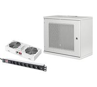 DIGITUS Set: Armario de Red 19" 9U + Ventilador de Techo + regleta de 7 Puertos // Rack 19" - Sin Montar - Montaje Mural - Capacidad de Carga 60 kg - Profundidad útil 170-270 mm - Puerta de Acero