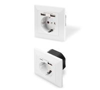 DIGITUS Set: Enchufe empotrable con cargador USB-A - 1x Versión-1 (doble USB-A) - 1x Versión-2 (USB-A + USB-C) - Profundidad de empotramiento 32 mm - Diseño condicional - Blanco puro RAL 9003