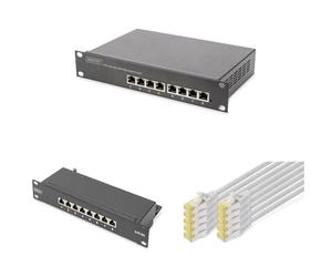 DIGITUS Set: Kit de Red de 10 Pulgadas - 1x conmutador PoE, 8 Puertos, gestionado, conmutador Ethernet - 1x Panel de Conexiones Cat-6A, 8 Puertos, LSA - 10x Cable de Red Cat-6A Gris, 0,25m