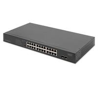DIGITUS Conmutador de Red Ethernet PoE Gigabit de 24 Puertos - No gestionado - 24 Puertos RJ45 + 2 Puertos de Enlace Ascendente SFP - Presupuesto PoE de 370 W - Factor de Forma de 19 Pulgadas - Negro