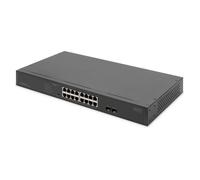 DIGITUS Conmutador de Red PoE de 19 Pulgadas - 16 Puertos Gigabit + 2 Puertos Gigabit SFP - No gestionado - VLAN - 250W PoE Power Budget - 10/100/1000 Mbit/s - Negro