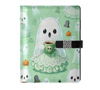DIGTIA Carpeta de Halloween Ghost Tea Party A5, 6 anillas, recargable, de piel sintética, con cierre de hebilla magnética, hojas sueltas, planificador de oficina, carpeta de presupuesto, bloc de notas