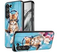 DIGTIALL Funda para Samsung Galaxy S21 FE de 6.4 pulgadas con soporte y funda para cámara para Galaxy S21 FE con funda protectora de doble capa resistente a prueba de golpes, gato con auriculares flor