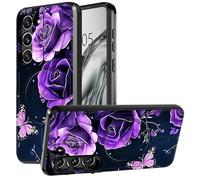 DIGTIALL Funda para Samsung Galaxy S21 FE de 6.4 pulgadas con soporte y funda para cámara para Galaxy S21 FE con doble capa resistente a prueba de golpes, rosas moradas y mariposas