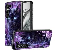 DIGTIALL Funda para Samsung Galaxy S21 FE de 6.4 pulgadas con soporte y funda para cámara para Galaxy S21 FE con doble capa resistente a prueba de golpes, gato negro y rosas moradas