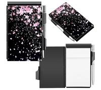 DIGTIALL Metal Pocket Notebook with Pen and Refillable Paper, Small Notebook, Metal Flip Memo Pad Holder, Mini Notepad for Tradie Notes, Pocket Notebook Cover,Cherry Blossoms Glittery