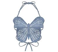 DIGUCFH Butterfly Jeans Crop Top Backless Strap Camis Sexy Blue Cute Party Sweats Mujeres Beach Holiday Mini Vest Summer tee-Blue, One Size